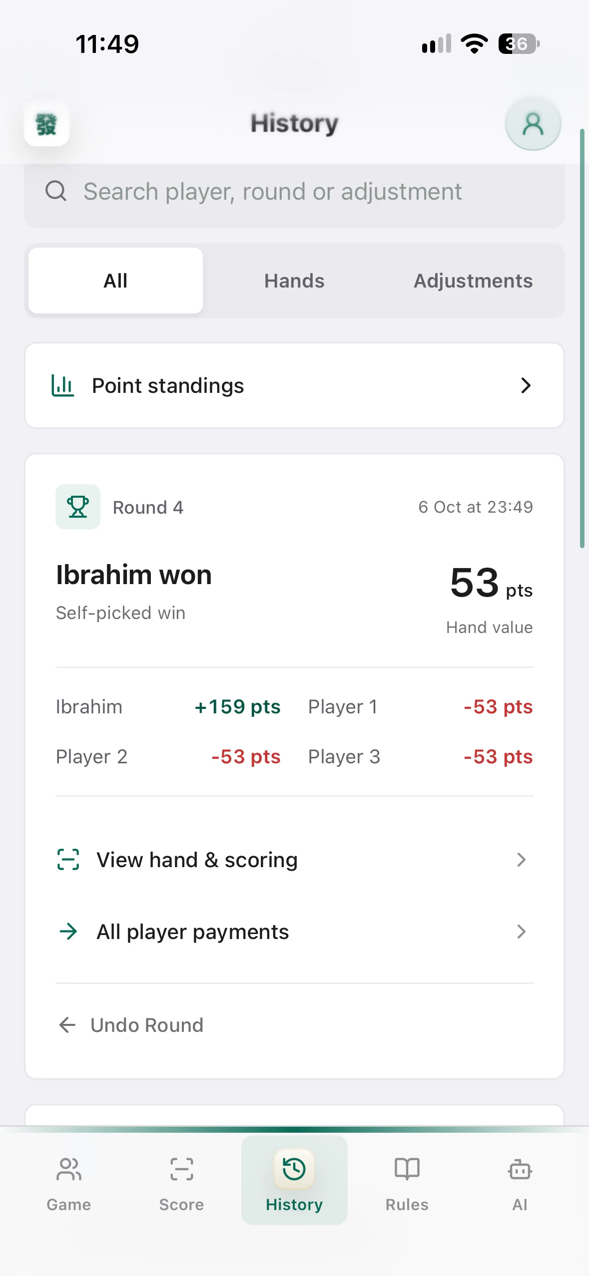 History screen with a saved 53-point Mahjong and player point changes
