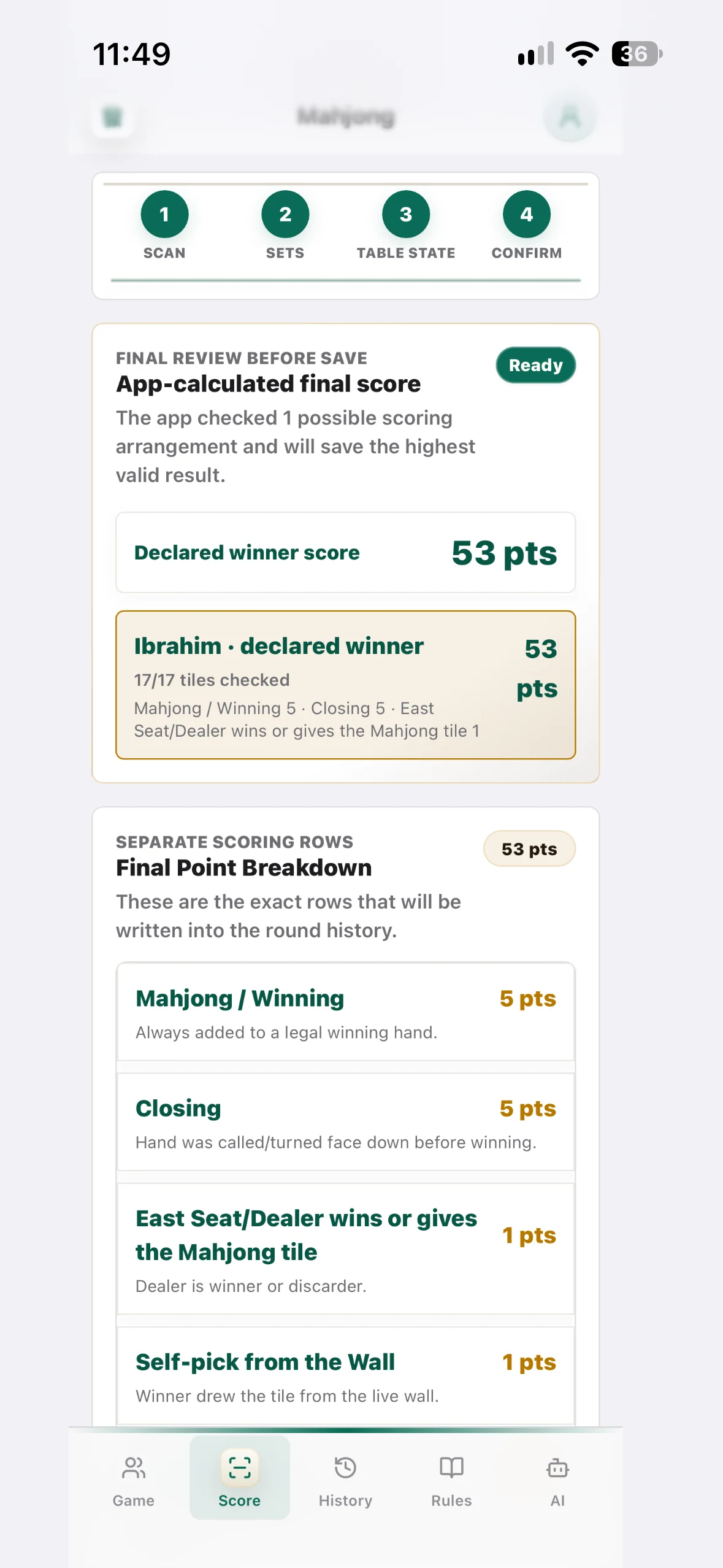 Mahjong Check final review showing a 53-point winning hand and its scoring rows