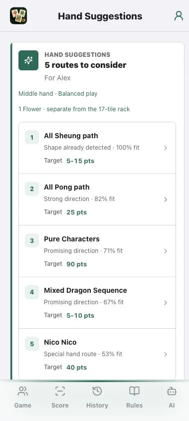 Hand Suggestions screen